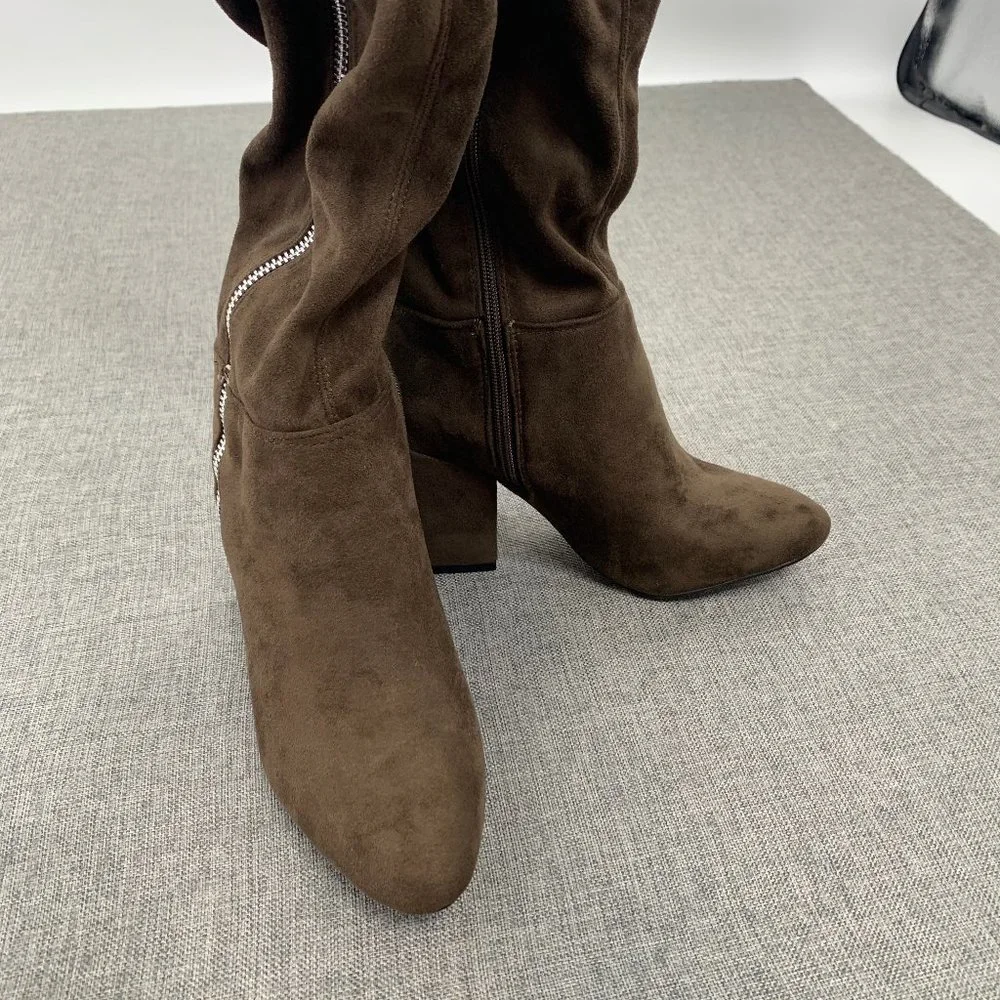 Shoe Dazzle Over The Knee Sexy Suede‎ Boots Brown Zipper Block 3.25